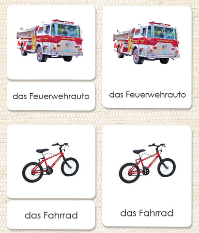 German Transportation 3-Part Reading Cards from Maitri Learning